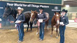 From left: Haley Birkenfeld; Non Pro Champion; she rode Customized Smart who is owned by Keith Birkenfeld Helen Hardy; Novice Chanpion; riding Blackaroni who is owned by Texas A&M Dept of Animal Science Taylor Godwin; Limited Non Pro Chanpion; riding TAMU Reyette Olena who was born, bred, and trained by Texas A&M students and is owned by Texas A&M Dept of Animal Science