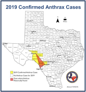 The “anthrax triangle” is the area of Texas where cases are traditionally seen. Shaded counties represent where 2019 cases have occurred. (Texas Animal Health Commission map)