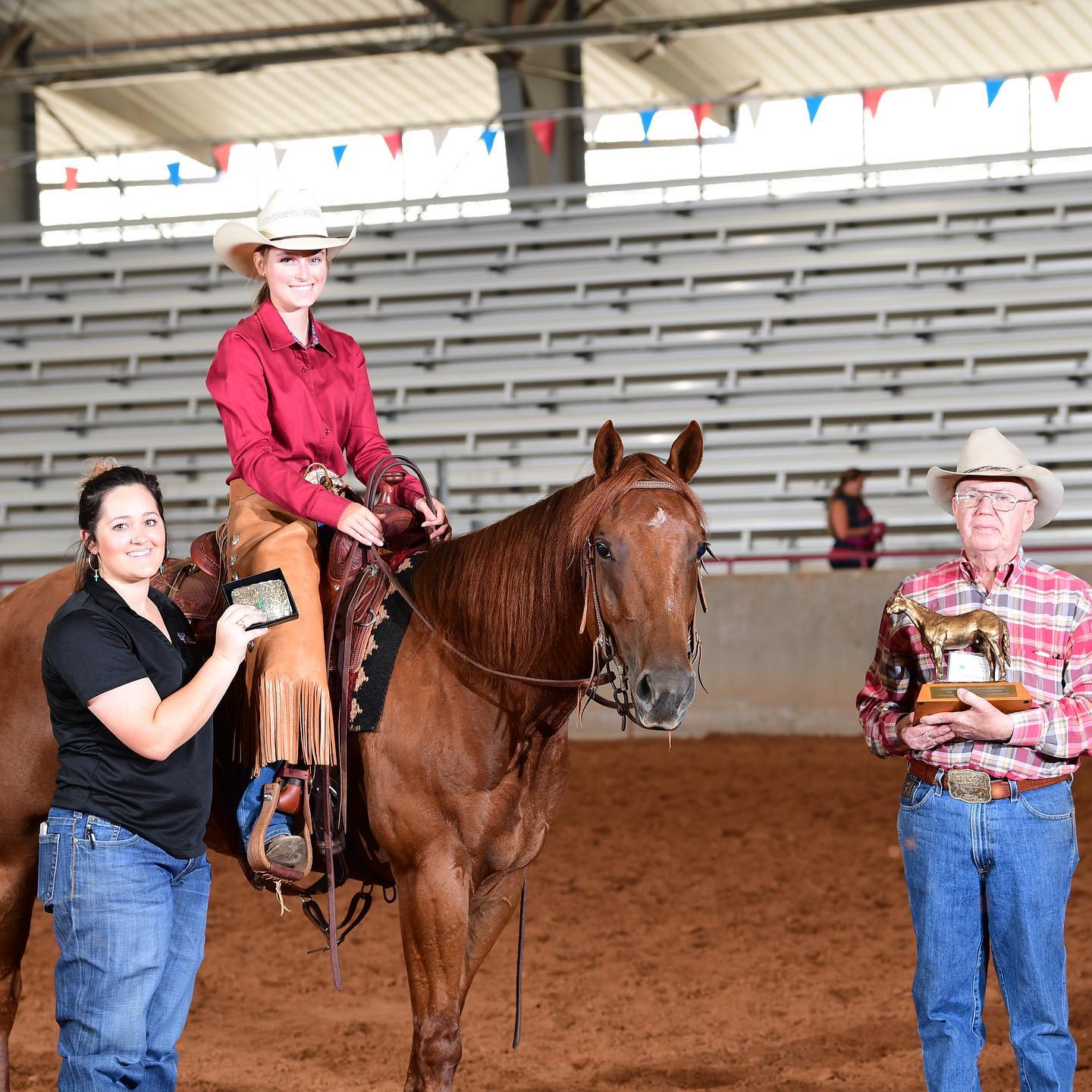 4H Youth sitting atop horse accepting award.