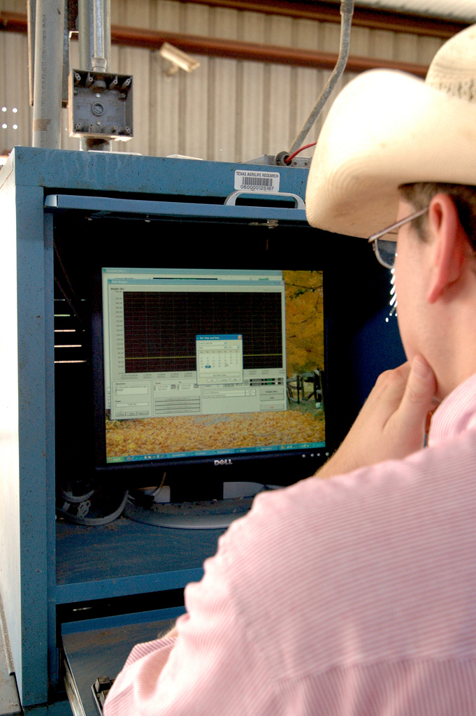 man using computer in barn