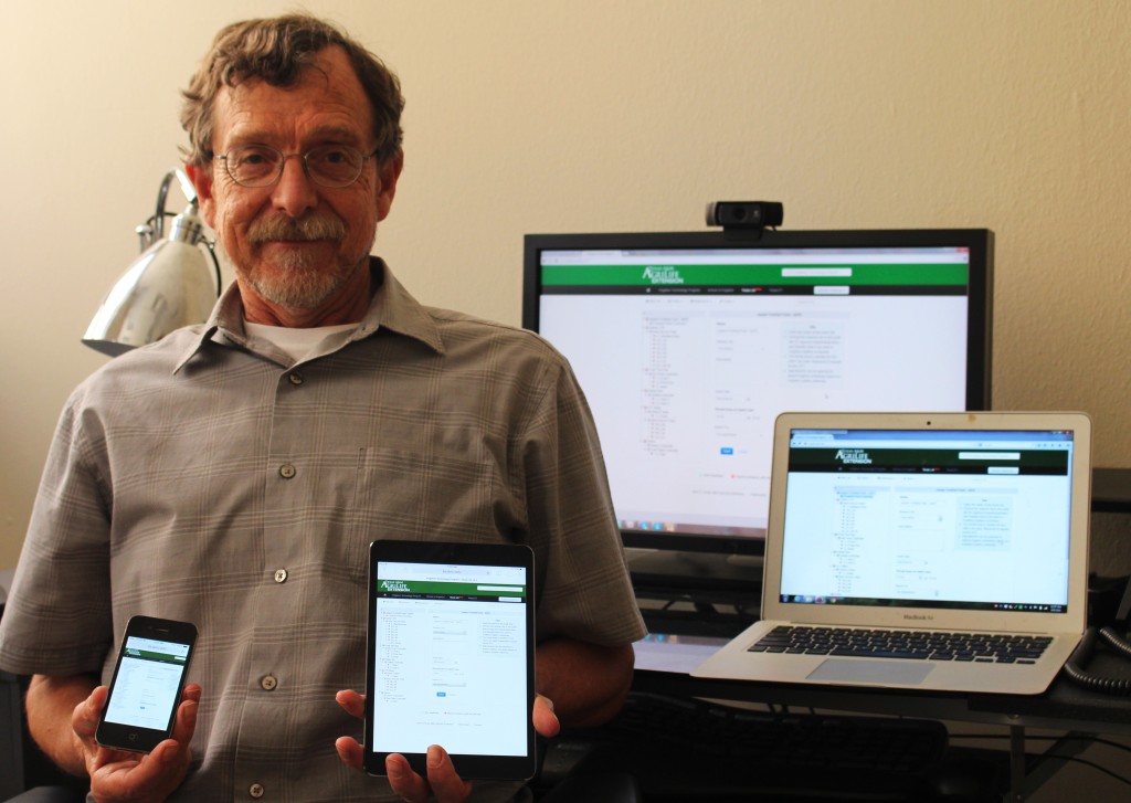 Dr. Guy Fipps, Texas A&M AgriLife Extension Service irrigation engineer, College Station, said new cloud-based irrigation auditing software can be accessed with practically any modern smartphone, tablet, laptop or desktop. (Texas A&M AgriLife Extension Service photo by Charles Swanson)