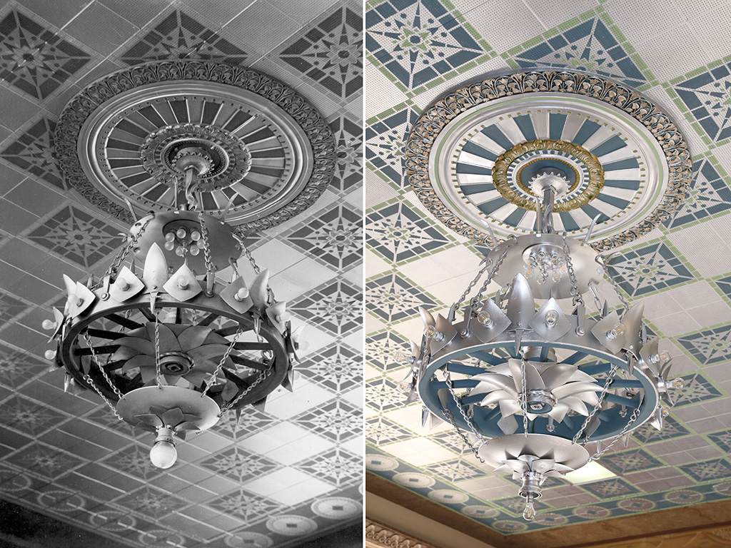 The Scoates Hall lecture room chandelier and ceiling tiles have been restored to their original condition. The photo on the left is from 1933 and on the right is a current view of the ceiling.
