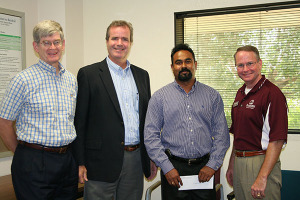 From left to right: Dr. Steve Searcy, head of department of biological and agricultural engineering; Dr. Alan Sams, executive associate dean; Dr. Sandun Fernando, associate professor of biological and agricultural engineering; and Mr. Marty Holmes, vice president of The Association of Former Students.