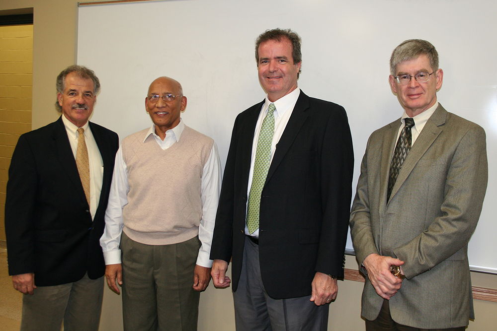From left to right: Dr. Bill Dugas, acting vice chancellor and dean; Dr. Vijay Singh, distinguished professor; Dr. Alan Sams, executive associate dean; and Dr. Steve Searcy, department head of biological and agricultural engineering.
