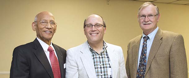 From left, Vijay Singh, 2016 Sigma Xi Outstanding Distinguished Scientist; Robert Chapkin, Sigma Xi chapter president; and Larry Johnson, chair of Sigma Xi Outstanding Teacher Awards Committee.