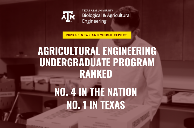 Graphic with the words "Agricultural Engineering Undergraduate Program Ranked No. 4 in the Nation and No. 1 in Texas" with a person working on an experiment in the background.