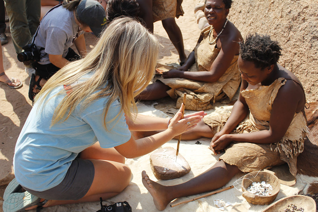 This Damara village uses some of their communal land for a “show village” which brings in revenue through tourism. Texas A&M students are learning how to make jewelry from seeds.
