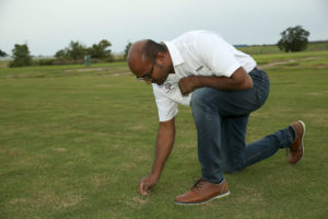 man on one knee inspecting turfgrass