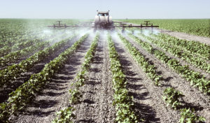 tractor spraying cotton field